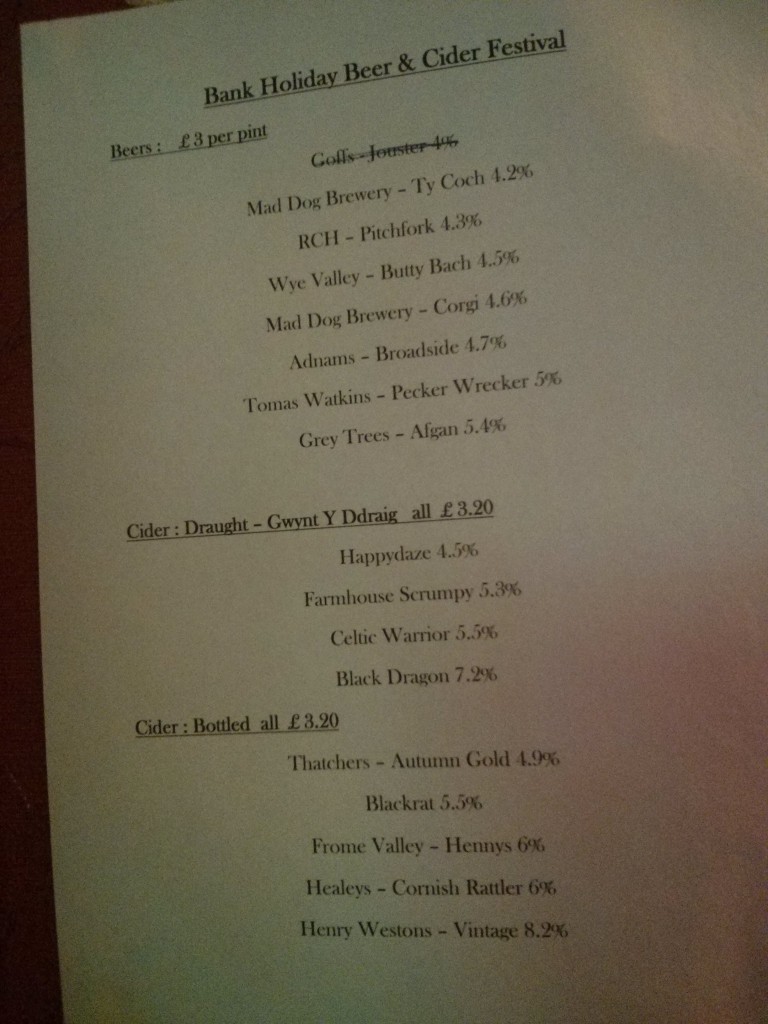 The menu at the Queen Inn's beer and cider festival