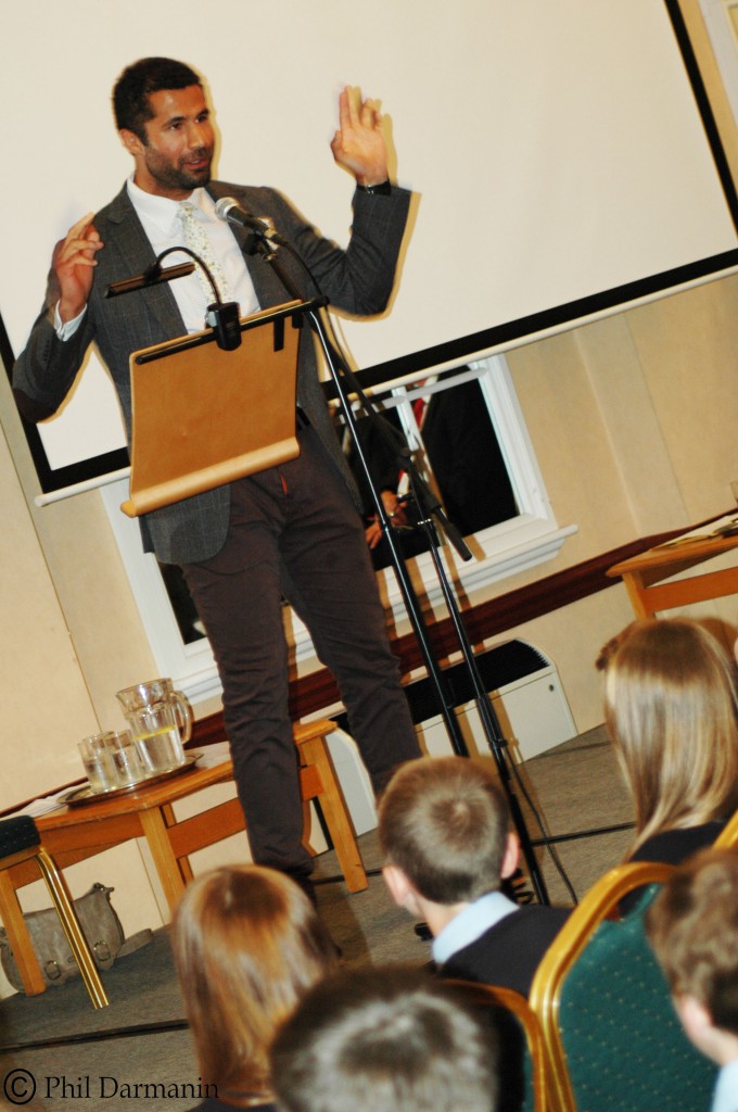 Richard Parks talks to pupils at Fairwater High School's awards evening