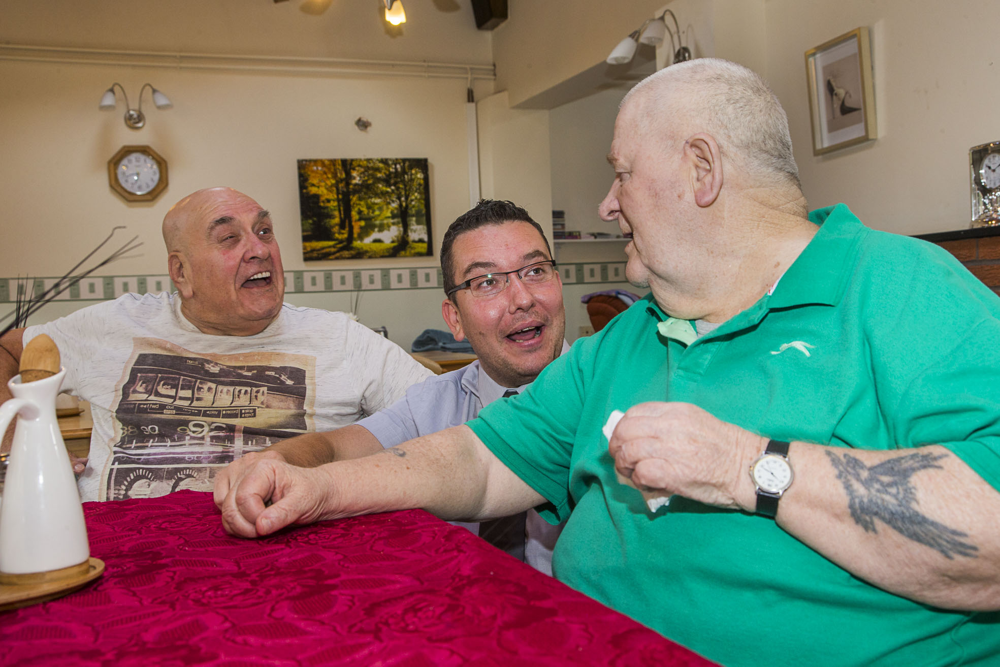 Wales Care Awards 2015 nominee Martin Taylor at Leadon Court, Thornhill Cwmbran with residents John Paginton and Andrew Chapman, left