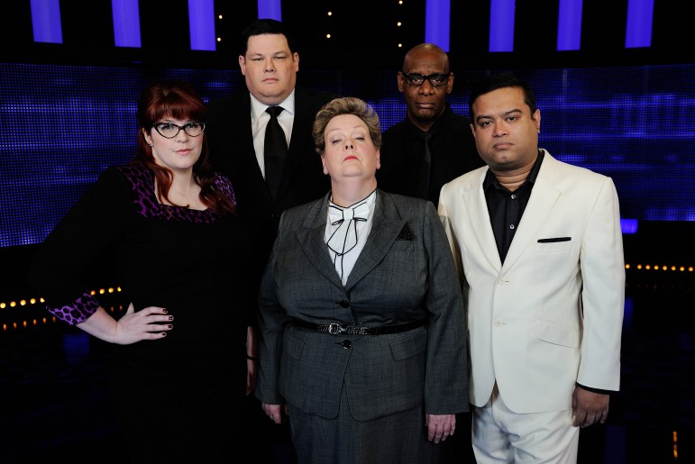 The Chasers (l-r) Jenny Ryan, Mark Labbett, Anne Heggerty, Shaun Wallace and Paul Sinha