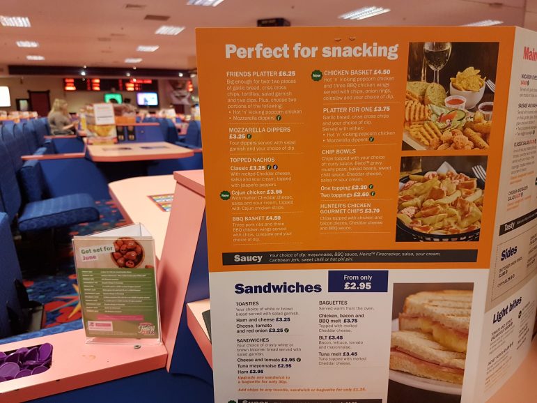 The snacking menu at Mecca Bingo Cwmbran