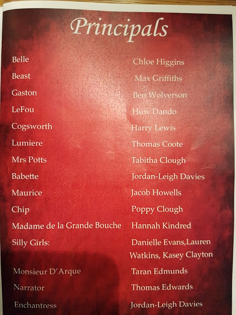 The programme at Cwmbran High School's production of Beauty and the Beast