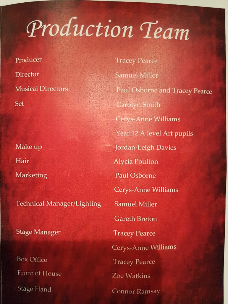 The programme at Cwmbran High School's production of Beauty and the Beast