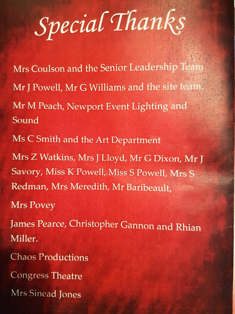 The programme at Cwmbran High School's production of Beauty and the Beast