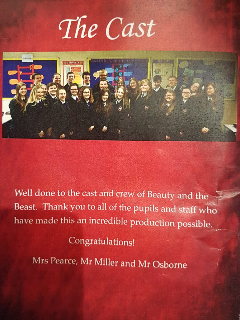 The programme at Cwmbran High School's production of Beauty and the Beast