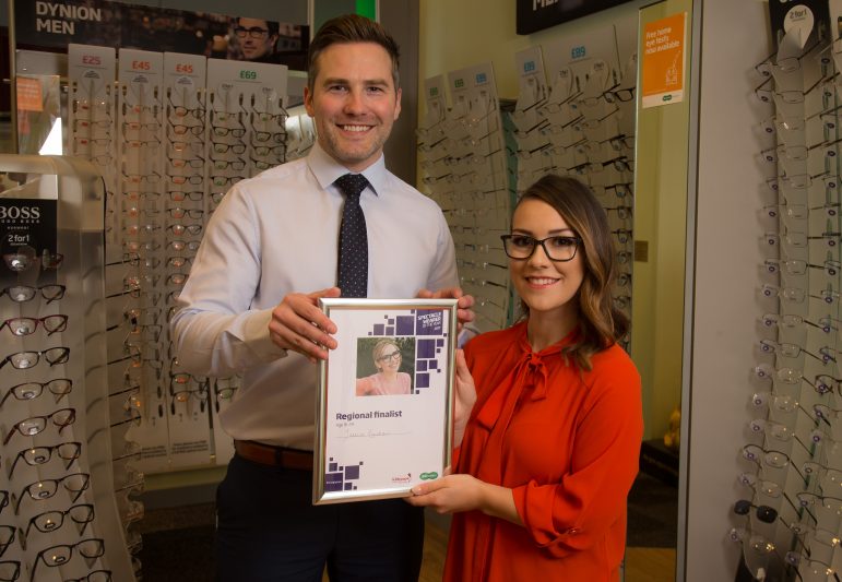 Jessica Laidlaw, Specsavers' Spectacle Wearer of the Year, and Rhys Williams, director of Cwmbran's Specsavers