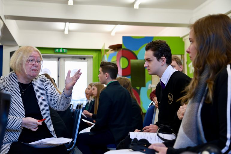 Ann Jones AM listens to pupils from Cwmbran High School