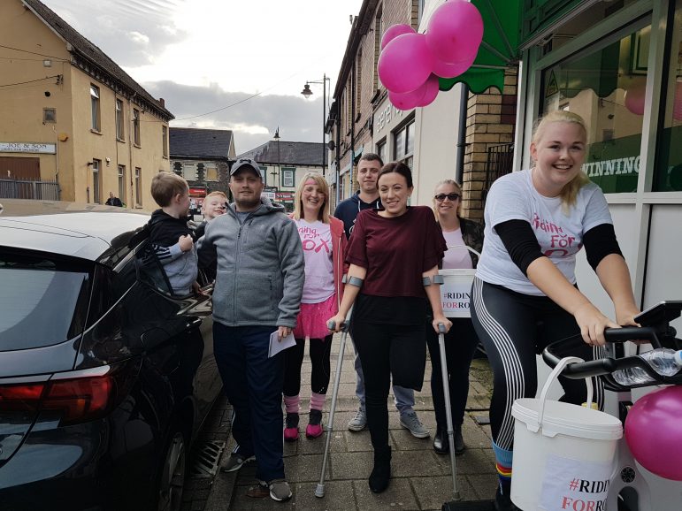 Roxi and her friends and family outside Pontnewydd Fish Bar at today's cycleathon