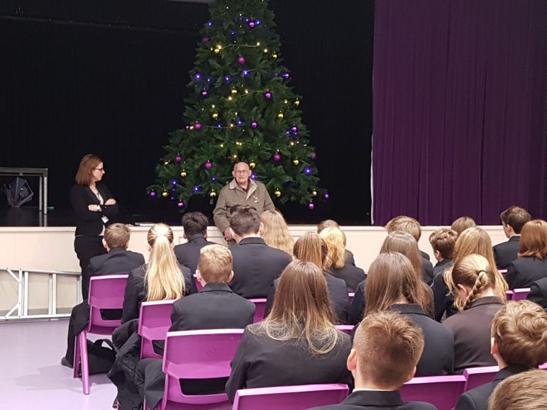 Ron Jones with pupils at Cwmbran High School