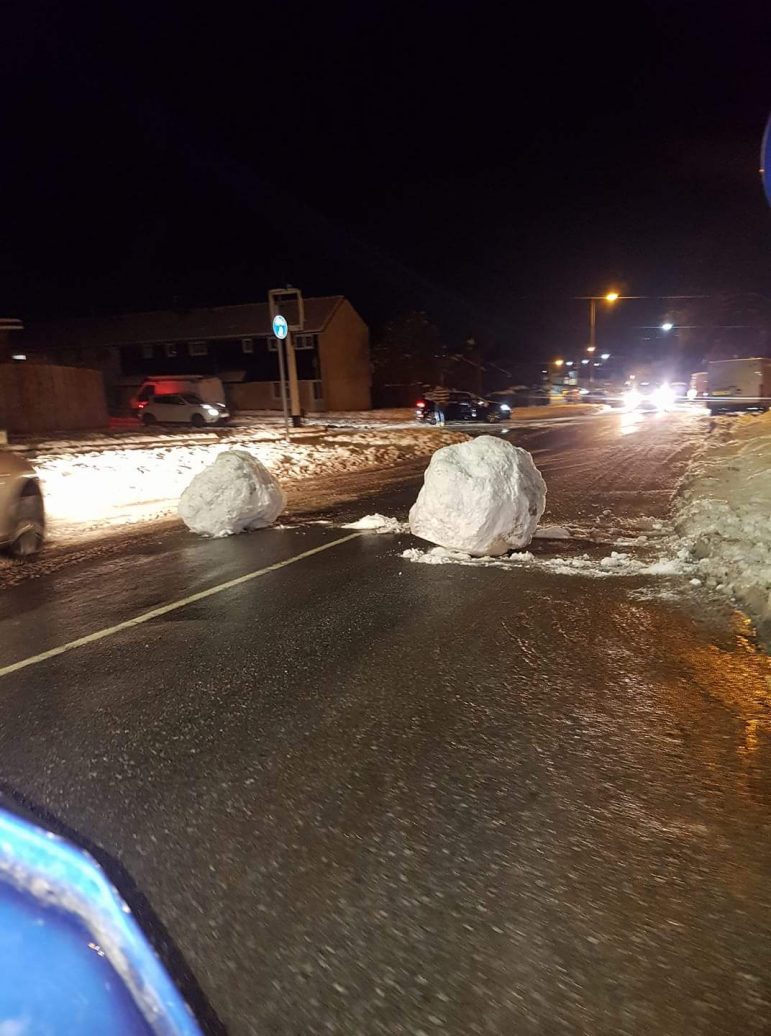 Two giants snowballs were rolled into Maendy Way in Pontnewydd
