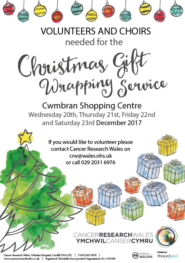 A poster about the gift wrapping service by Cancer Research Wales in Cwmbran