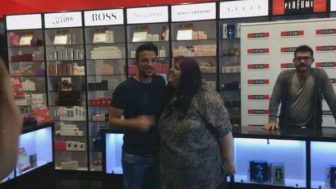 Sam with Peter when he visited The Perfume Shop in Cwmbran