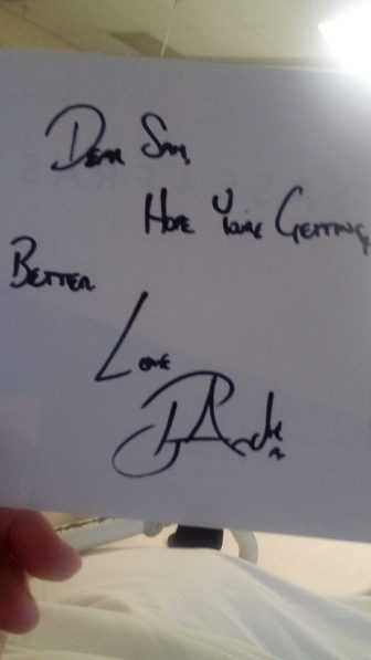 Sam's get well soon card from Peter Andre