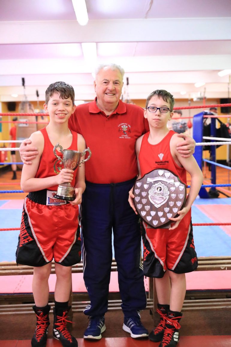 Keith Jefferies with two of his schoolboy boxers at Cwmbran Boxing Club (Photo courtesy of Stephen Pocock)