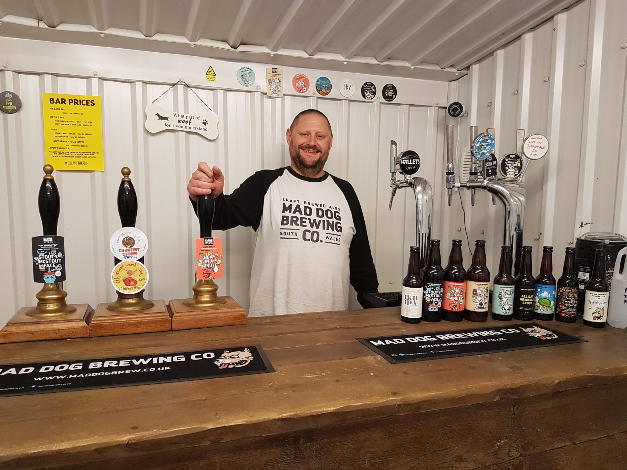 Alexis Jones from Mad Dog Brewing Co at the bar in his brewery in Penperlleni