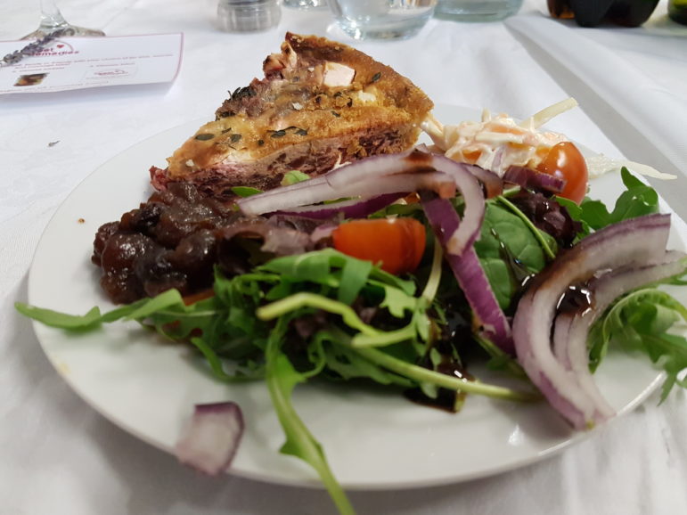 The starter - Beetroot & Feta Cheese Savoury tart served with a beetroot chutney & mixed leaves