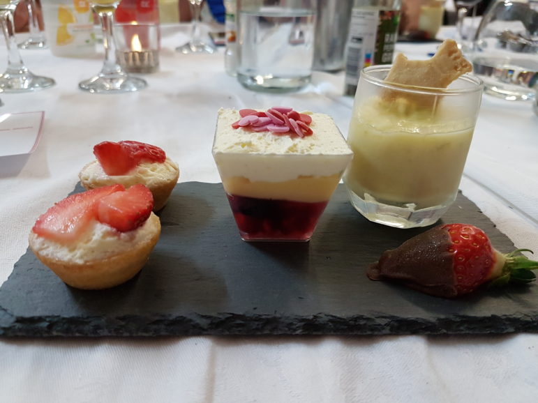 Desert- Trio of mini desserts, marscapone strawberry tart, lime posset, summer fruit trifle