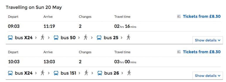 A timetable that shows it will take up to three hours and three buses to get from Cwmbran to Cardiff on a Sunday or Bank Holiday