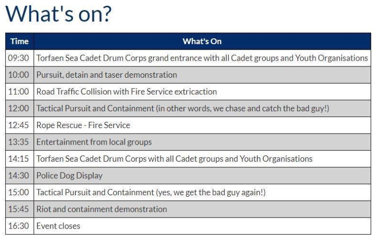 The timetable of the Behind the Badge event