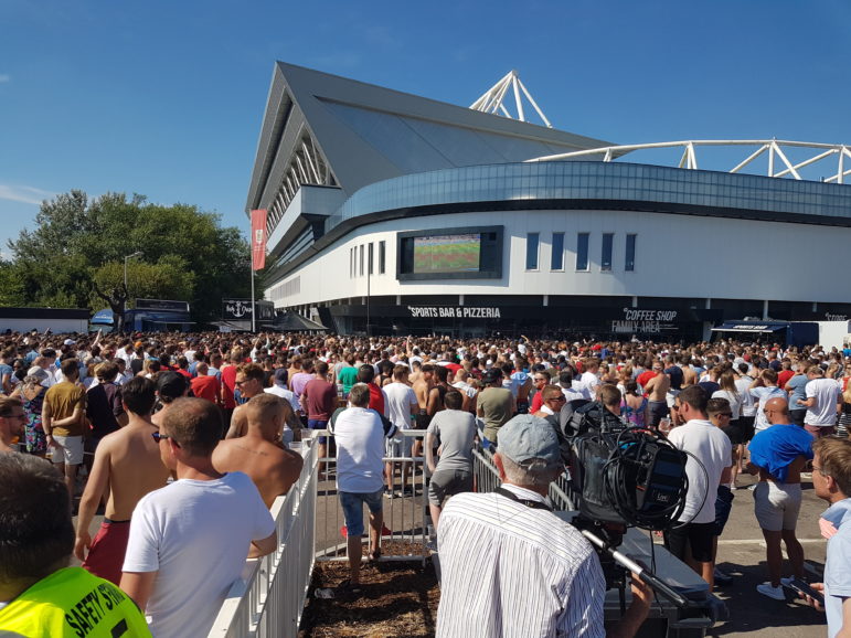 The big screen outside Ashton Gate in Bristol showing England v Sweden