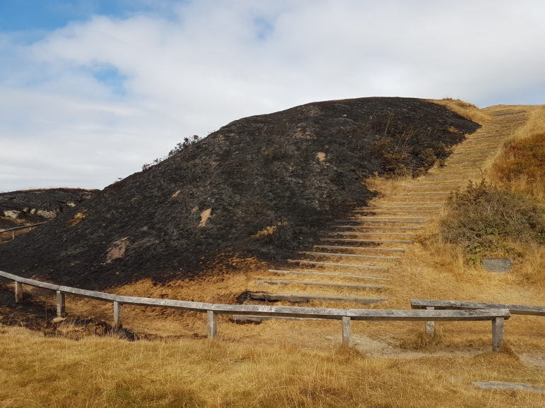 Grass fires have affected Twmbarlwm. You can see the steps to the top of the Iron Age hillfort