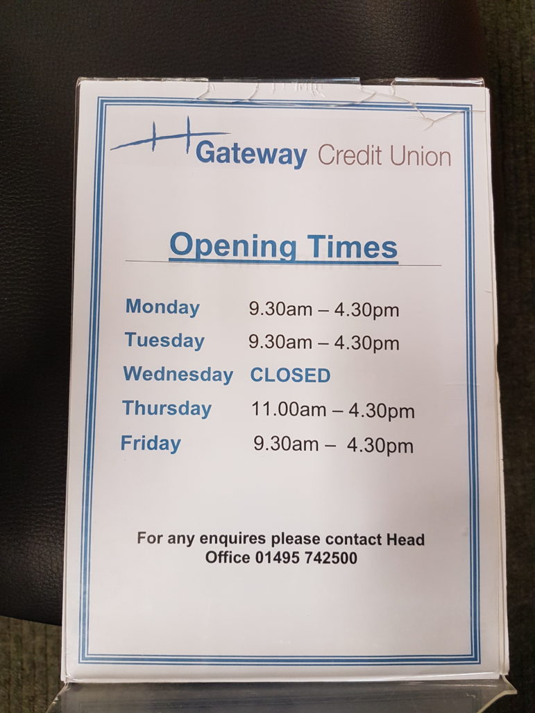 The opening times at the credit union in Cwmbran Library