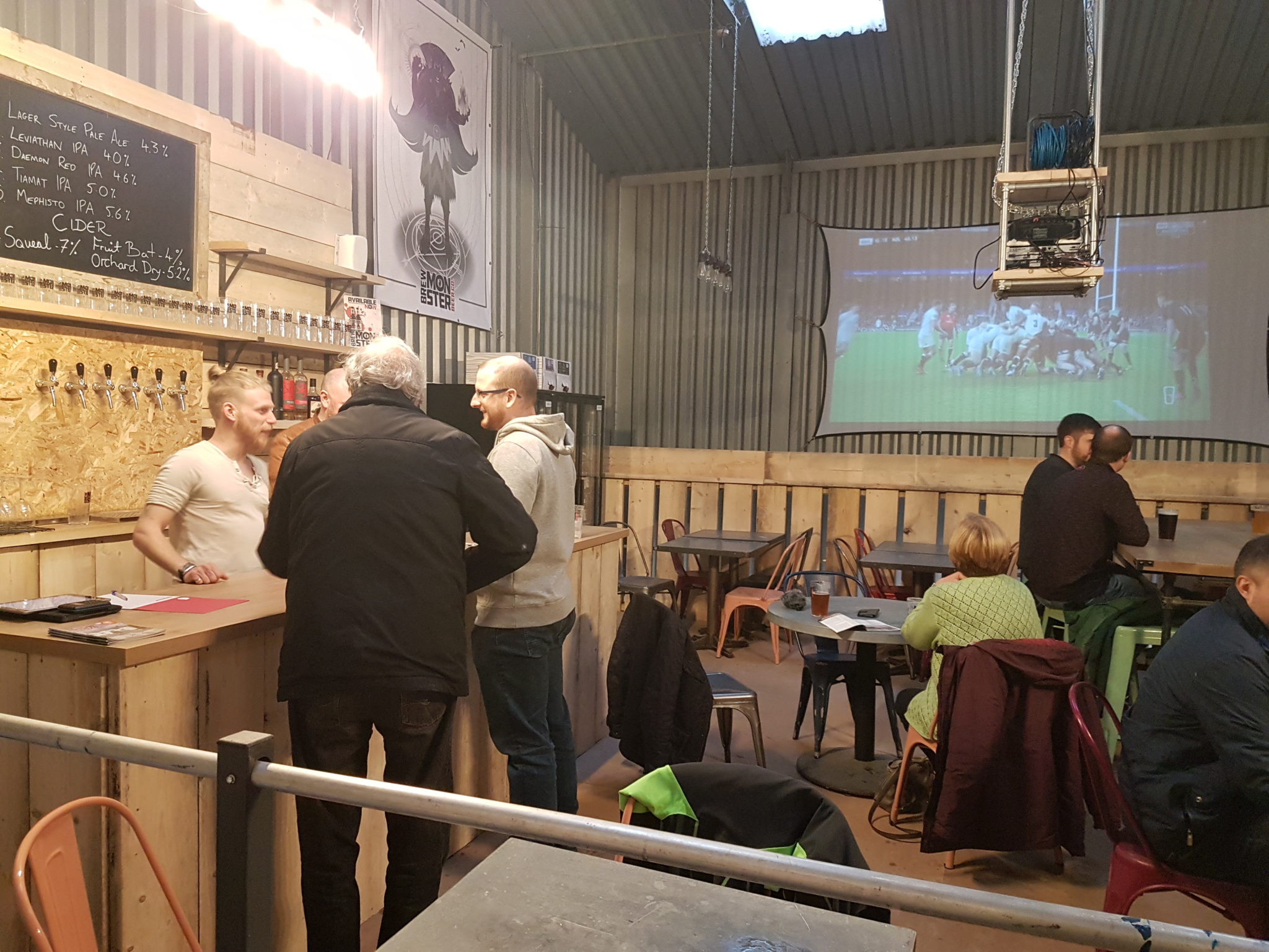 The tap room at Brew Monster in Cwmbran has a large screen for live sport