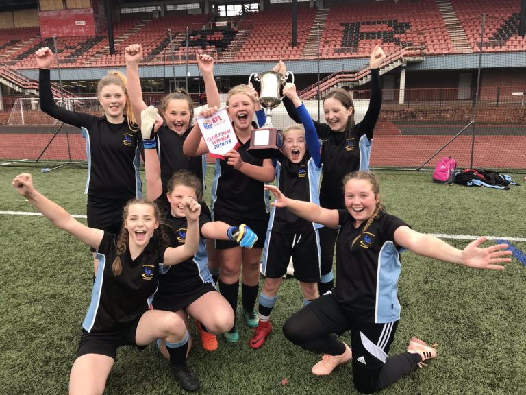 Croesyceiliog School's under 13 girls football team win the cup