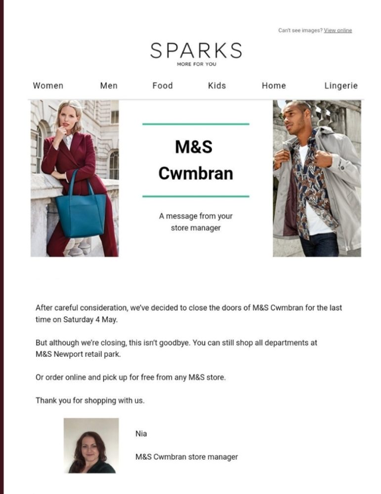 Email to M&S customers in Cwmbran