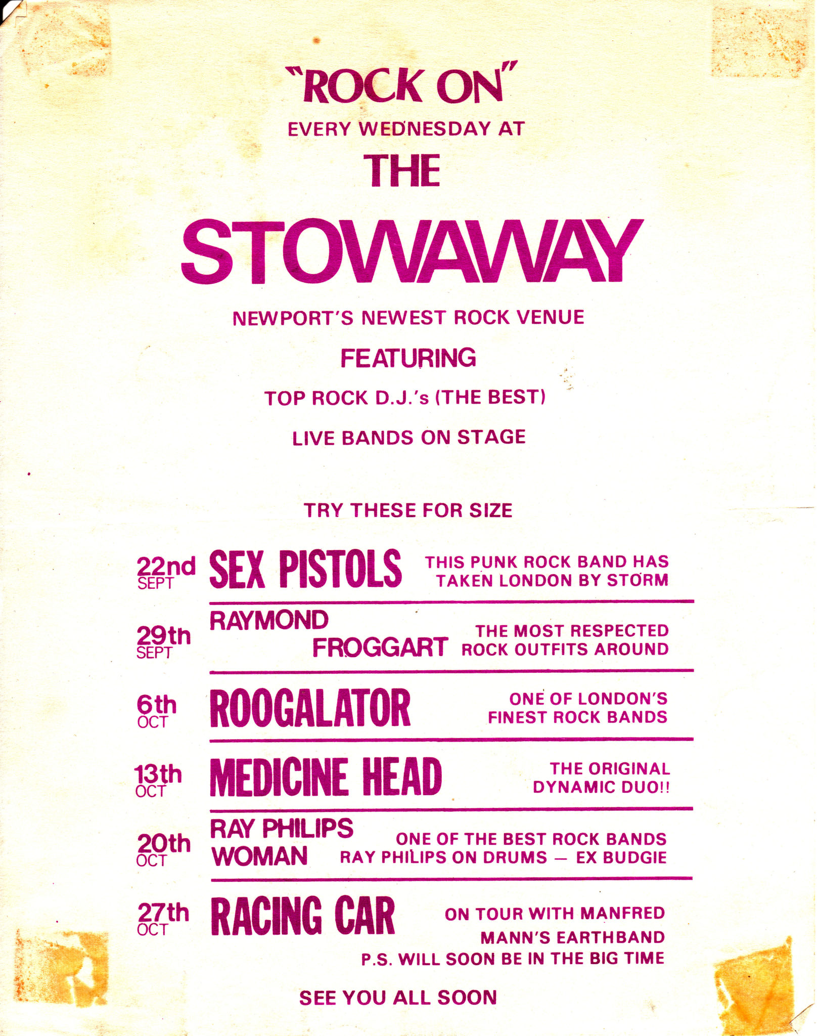 Poster for the Sex Pistols gig at the Stowaway in 1976