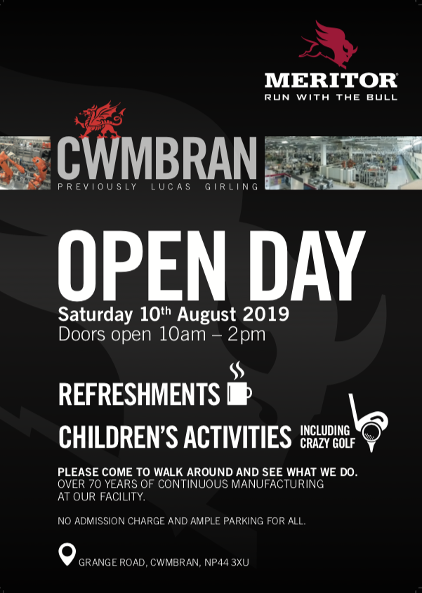 Poster for the open day at Meritor Cwmbran