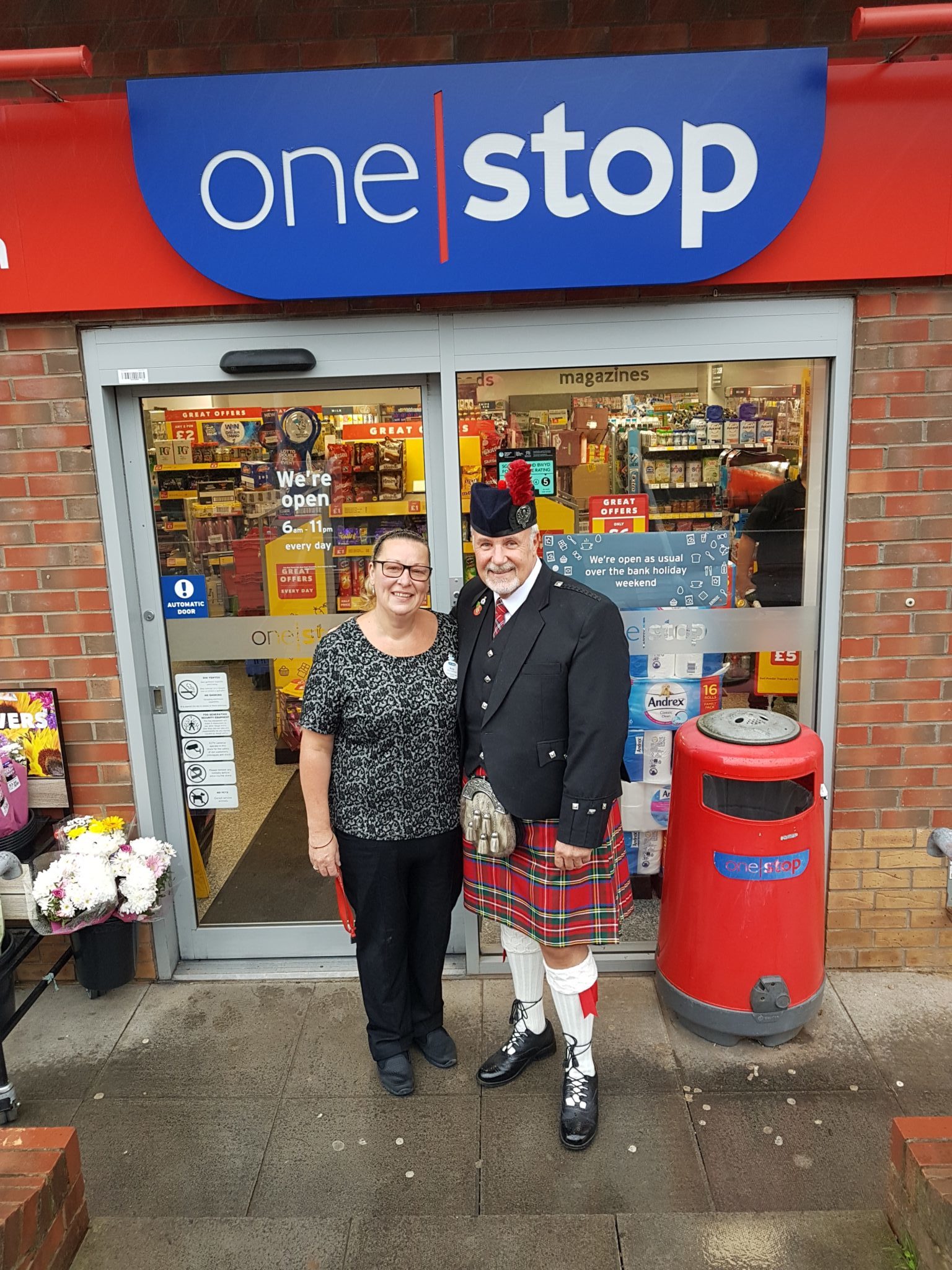 Kay Gregory, from the One Stop in Henllys, and Steve Parker, from Henllys Pipes and Drums