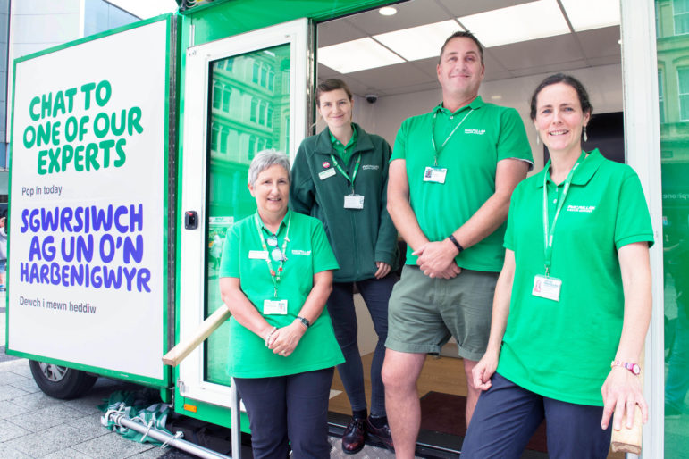 MacMillan staff members Rhian Jones, Erin Fury, Phil Warner and Nicola Philipson on Bronwen, the Macmillan Cancer Support’s information bus