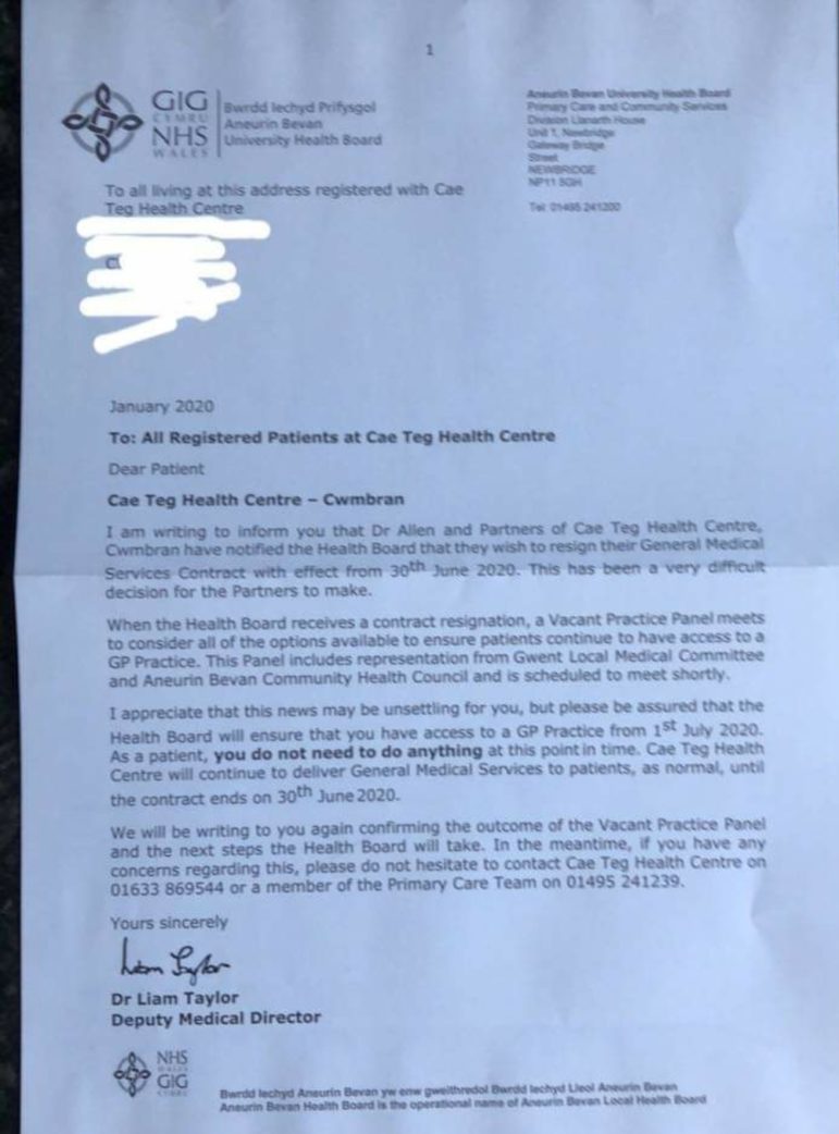The letter sent to all patients registered with the Cae Teg Health Centre in Cwmbran