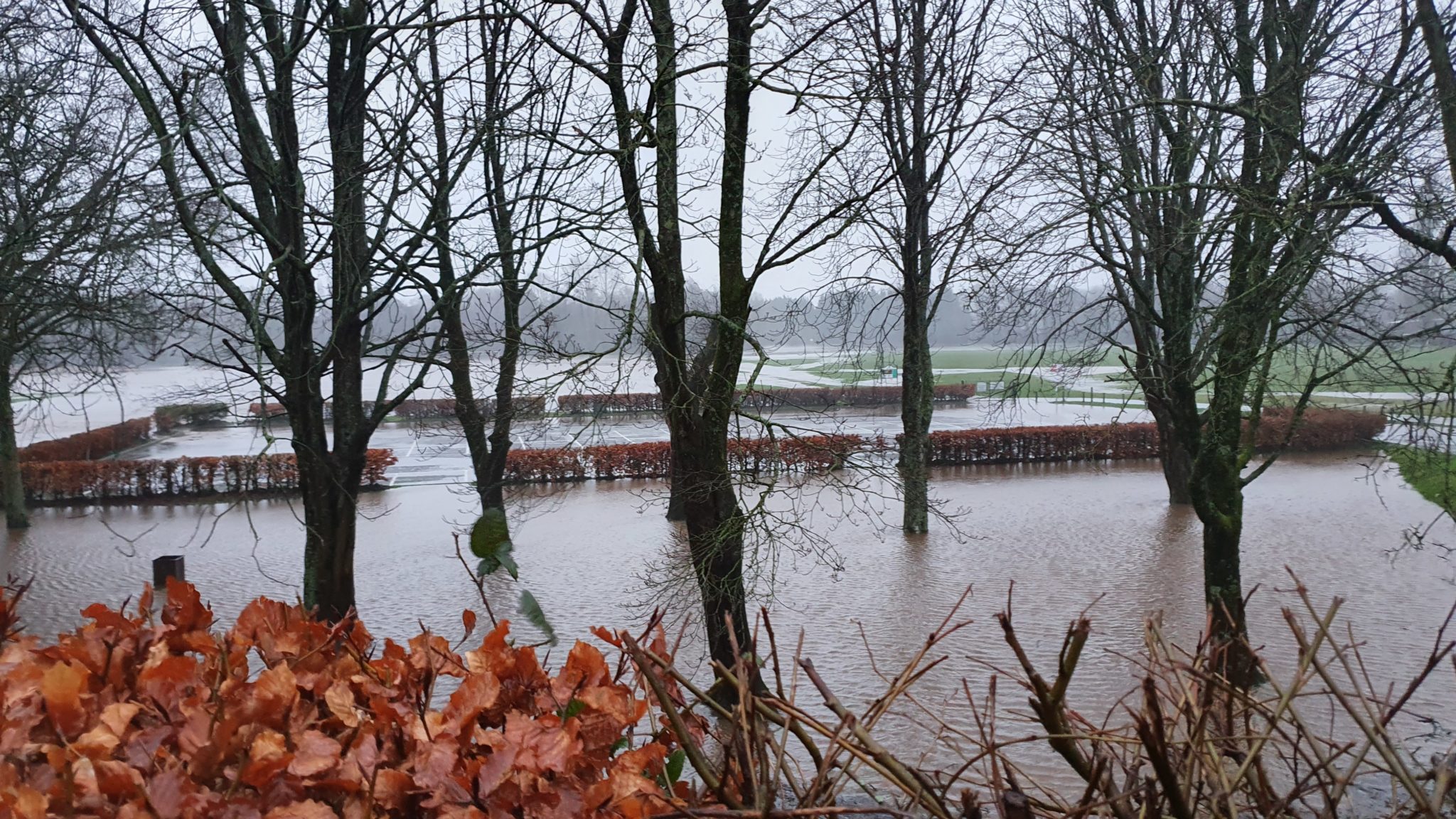 The flooded par park and playing fields in Southfields, Cwmbran
