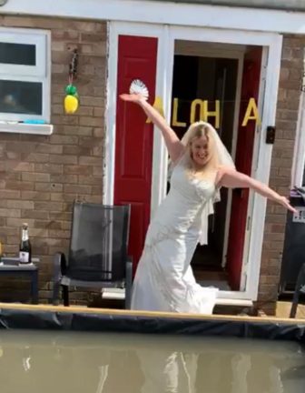 Laura Fry at home in her wedding dress today