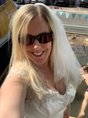 Laura Fry at home in her wedding dress today