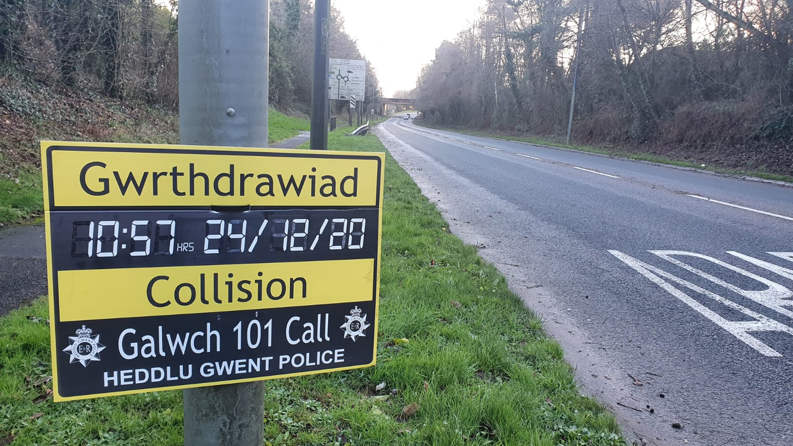 Gwent Police collision sign on Cwmbran Drive