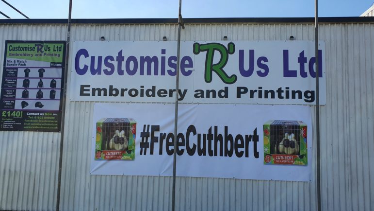 The #FreeCuthbert sign in Cwmbran