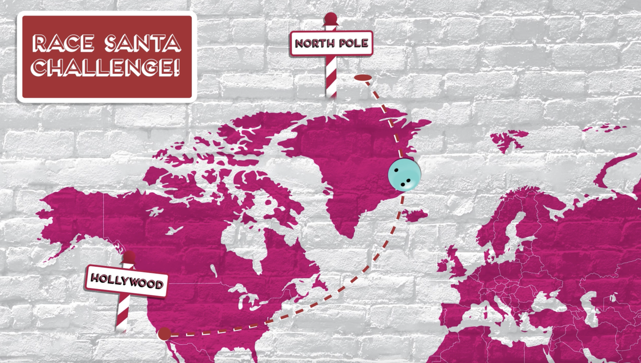 Image of the world with flag poles at the North Pole and Hollywood