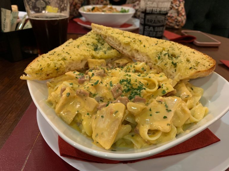 Chicken and bacon tagliatelle carbonara with a garlic ciabatta