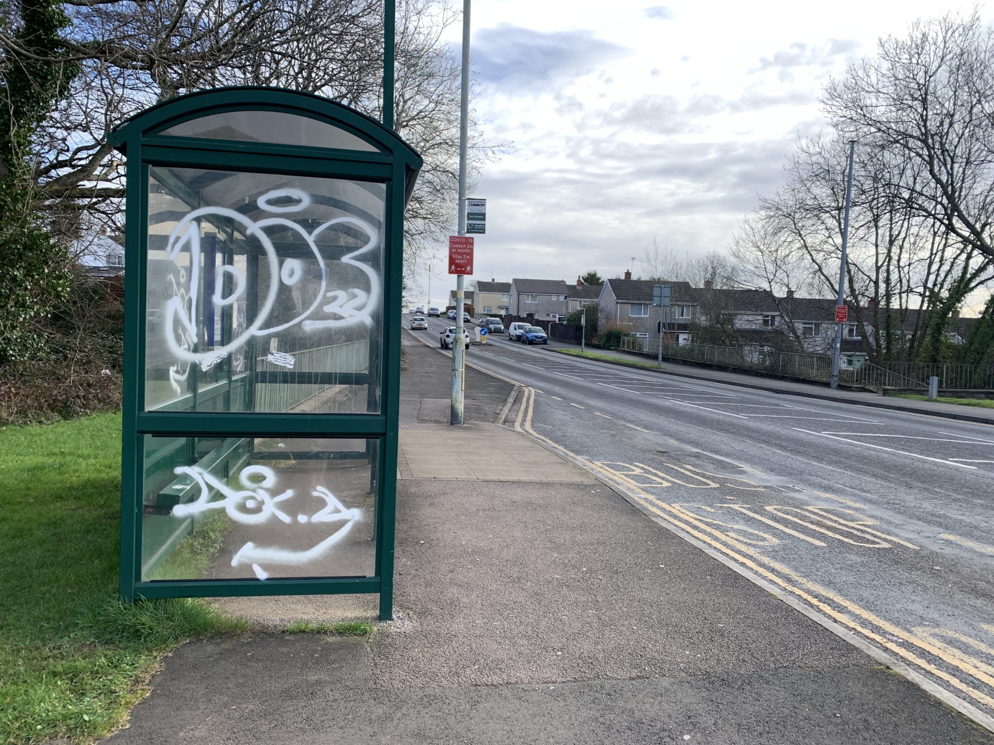 A vandalised bus stop