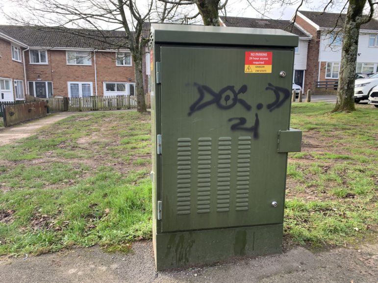 A vandalised phone exchange unit