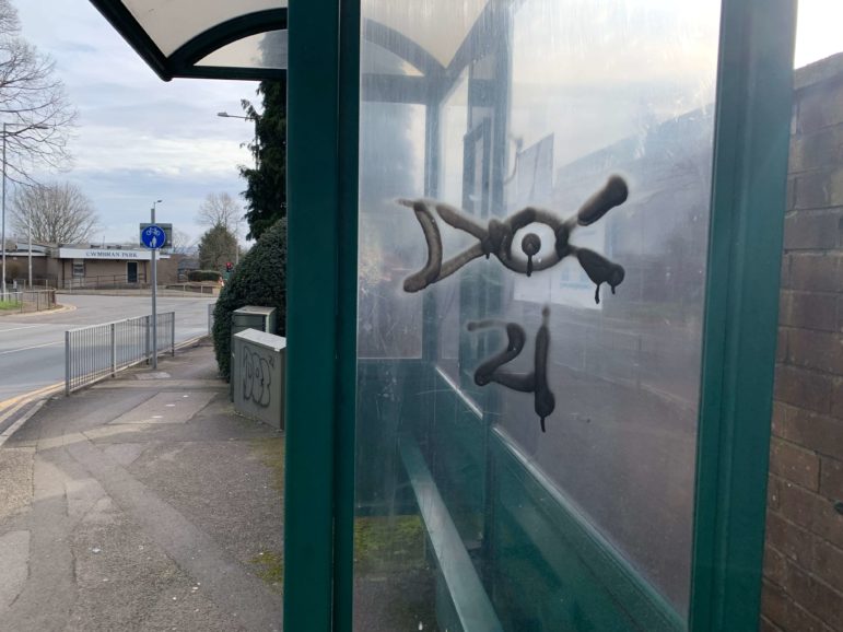A vandalised bus stop