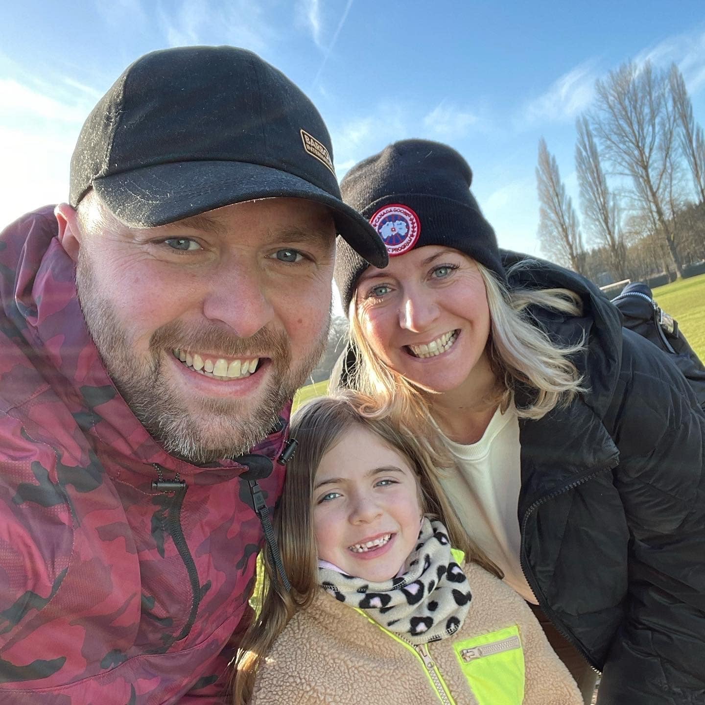 Evie with her mum and dad, Dan and Sophie