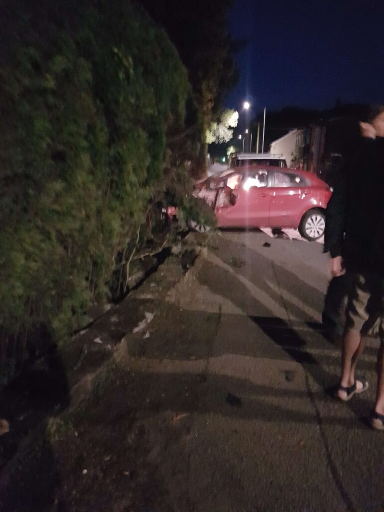 a red car crashed in a hedge