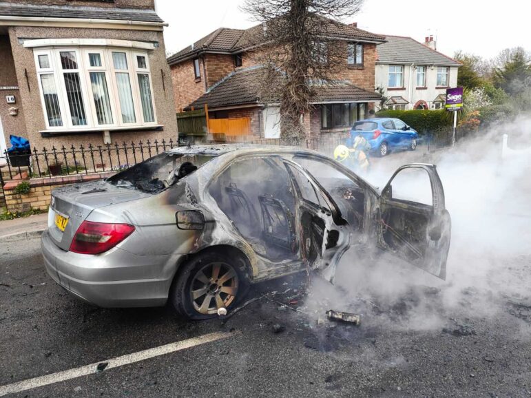 A burnt-out Mercedes