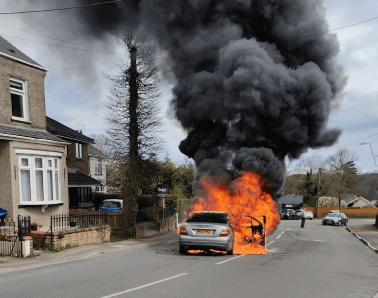 A Mercedes car on fire