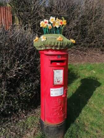 knitted daffodils on a postbox