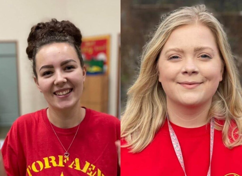 two women in red t shirts